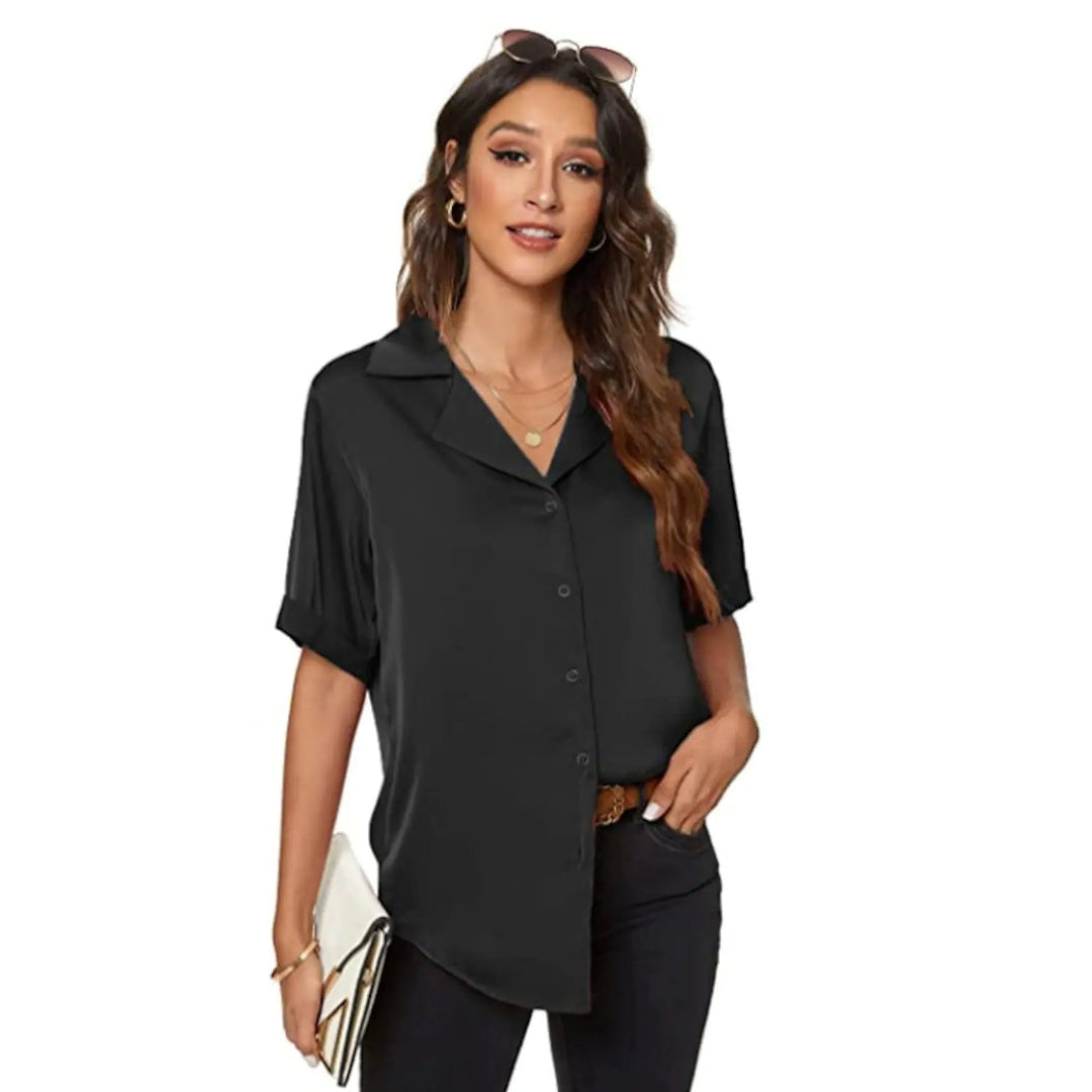 Womens Short Sleeve Casual Satin Button Down Shirt Image 4