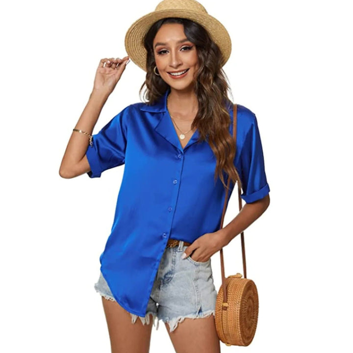 Womens Short Sleeve Casual Satin Button Down Shirt Image 1