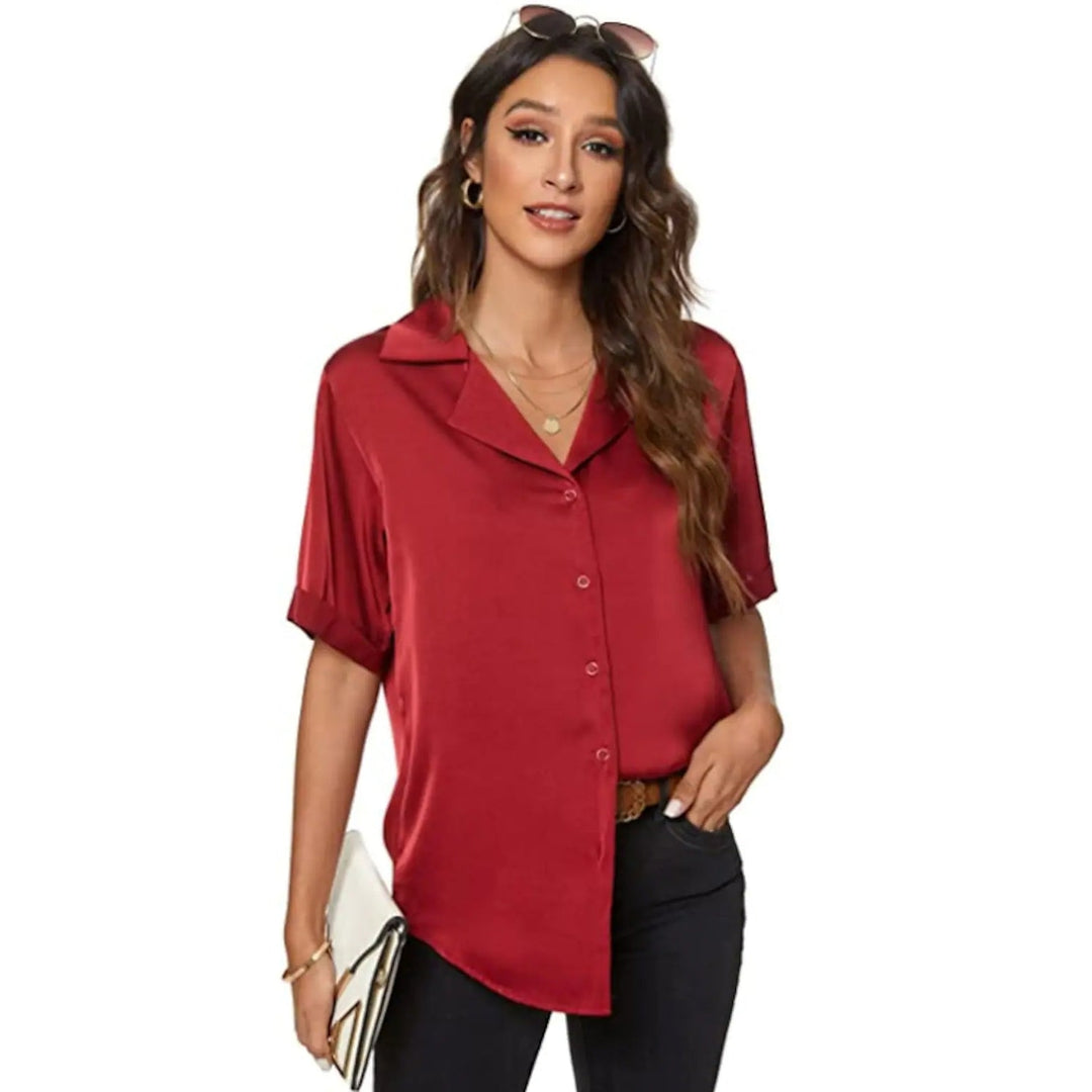 Womens Short Sleeve Casual Satin Button Down Shirt Image 6