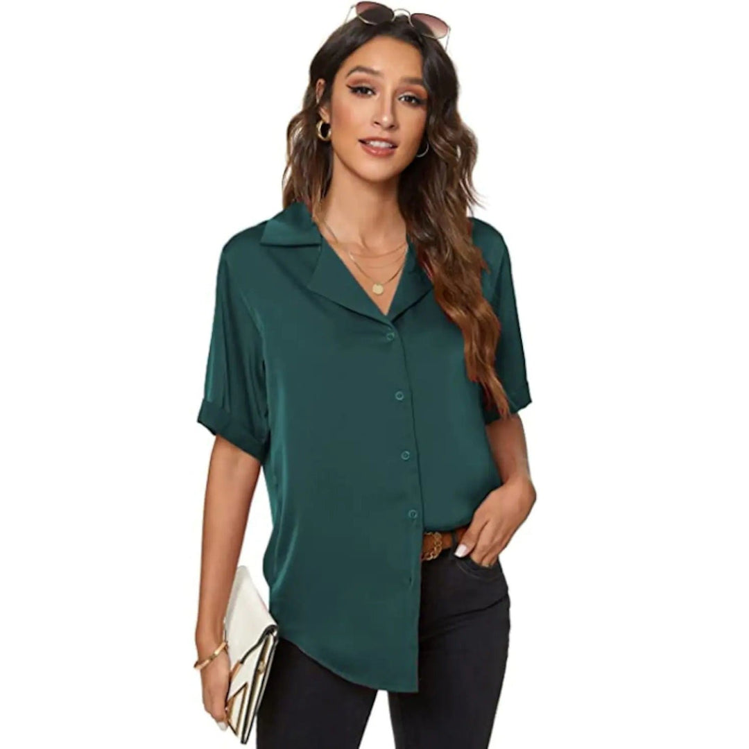 Womens Short Sleeve Casual Satin Button Down Shirt Image 7