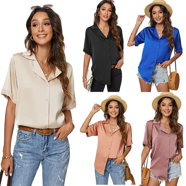 Womens Short Sleeve Casual Satin Button Down Shirt Image 9