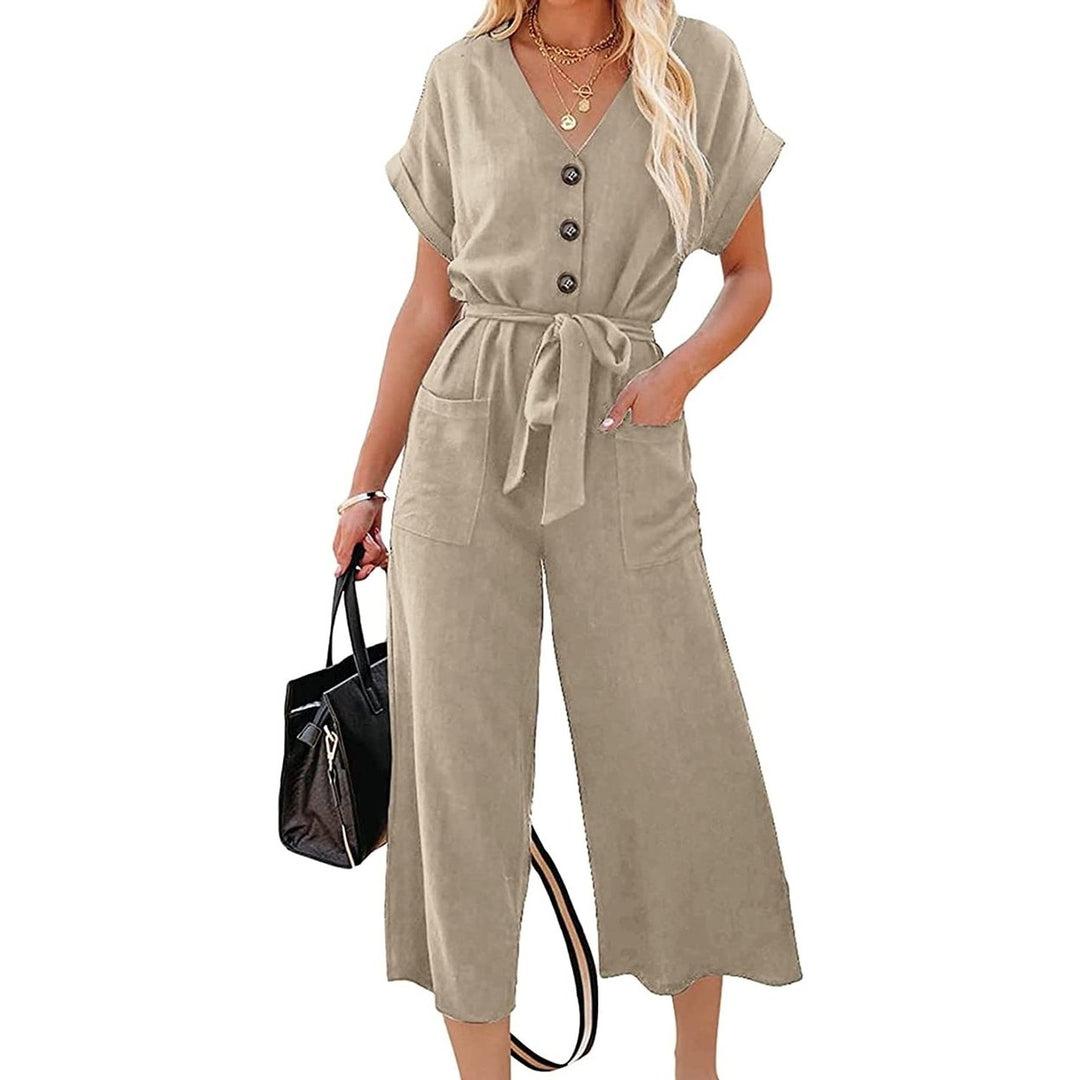 Womens Short Sleeve V Neck Button Belt Wide Leg Jumpsuit Image 1