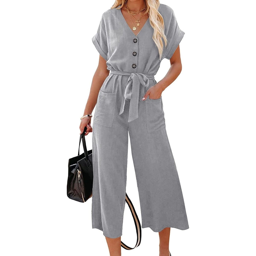 Womens Short Sleeve V Neck Button Belt Wide Leg Jumpsuit Image 2