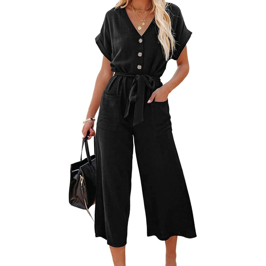 Womens Short Sleeve V Neck Button Belt Wide Leg Jumpsuit Image 3