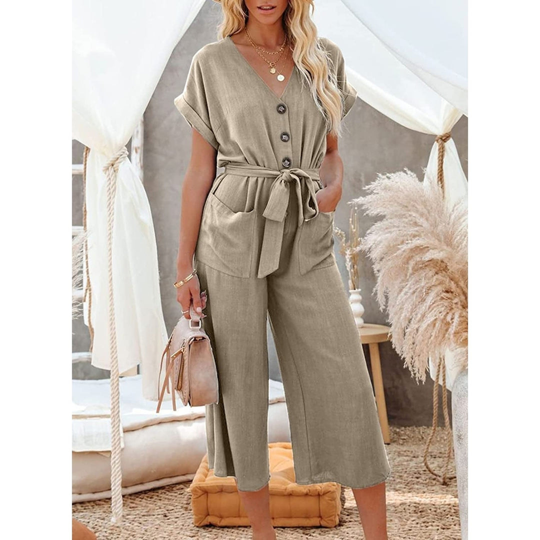 Womens Short Sleeve V Neck Button Belt Wide Leg Jumpsuit Image 4