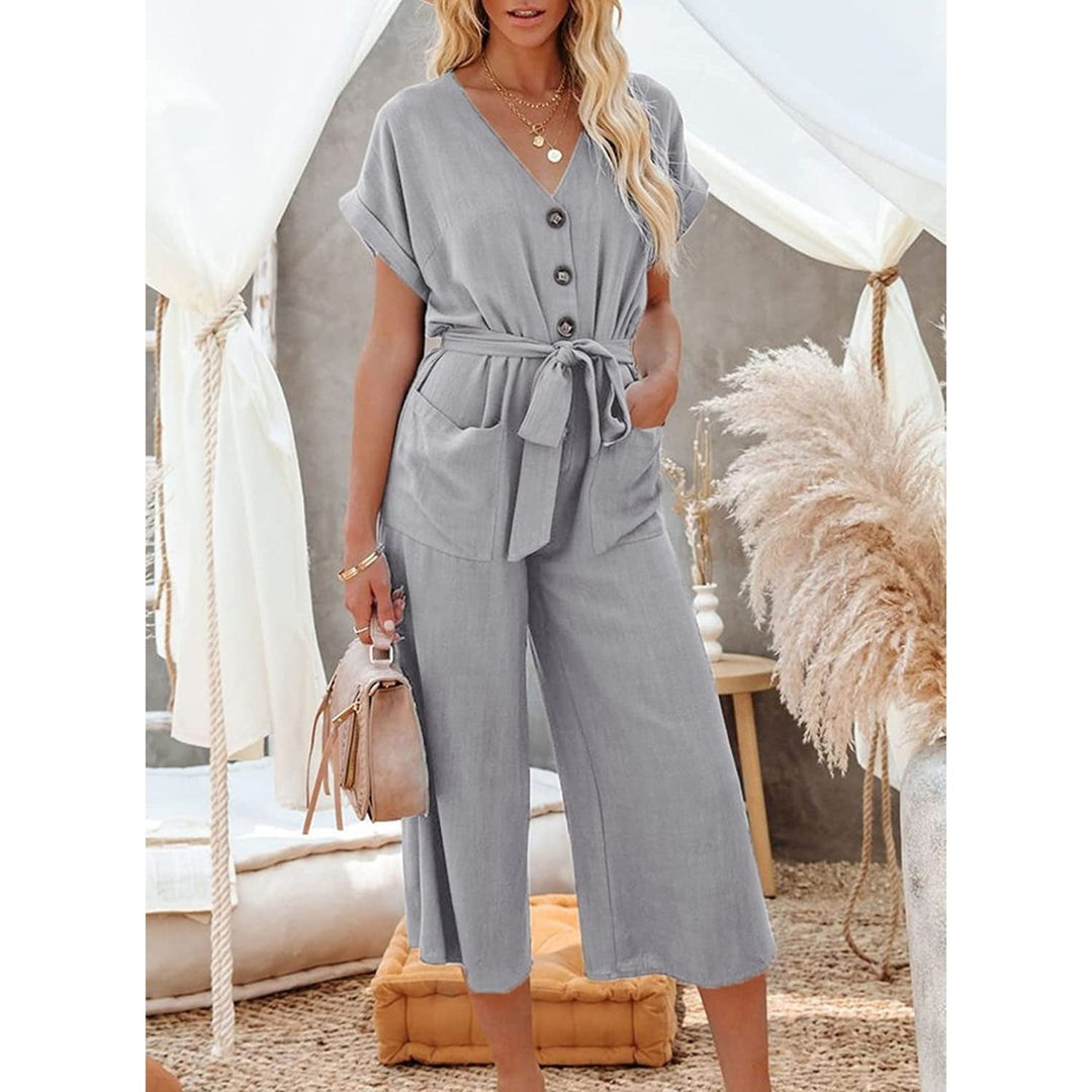 Womens Short Sleeve V Neck Button Belt Wide Leg Jumpsuit Image 10