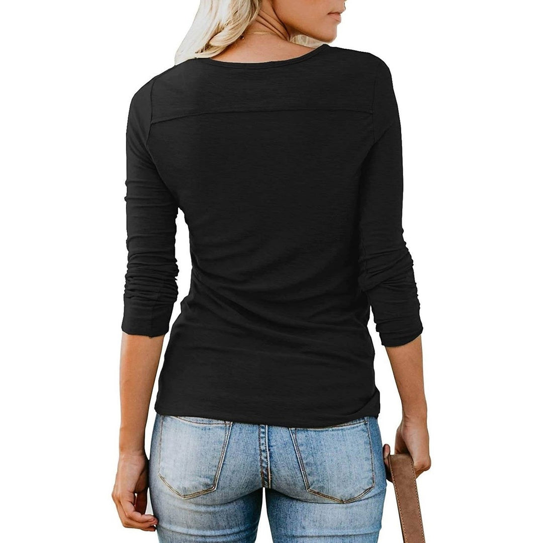 Womens Short/Long Sleeve Henley Button up T Shirt Casual Basic Tops Blouse Image 2