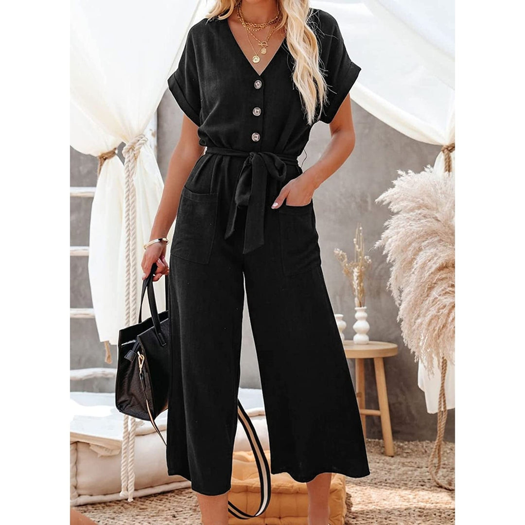 Womens Short Sleeve V Neck Button Belt Wide Leg Jumpsuit Image 12