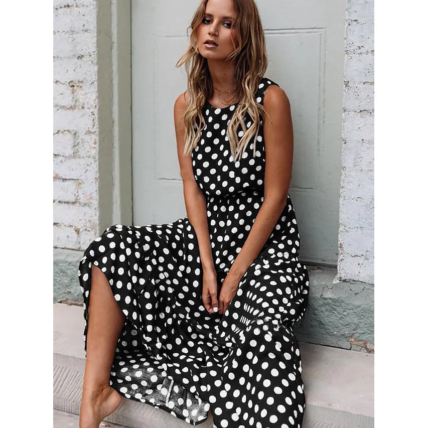 Womens Sleeveless Polka Dot Long Dress Image 1