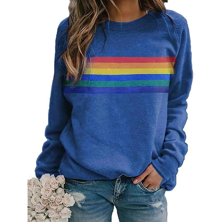 Womens T shirt Rainbow Graphic Long Sleeve Round Neck Tops Image 1