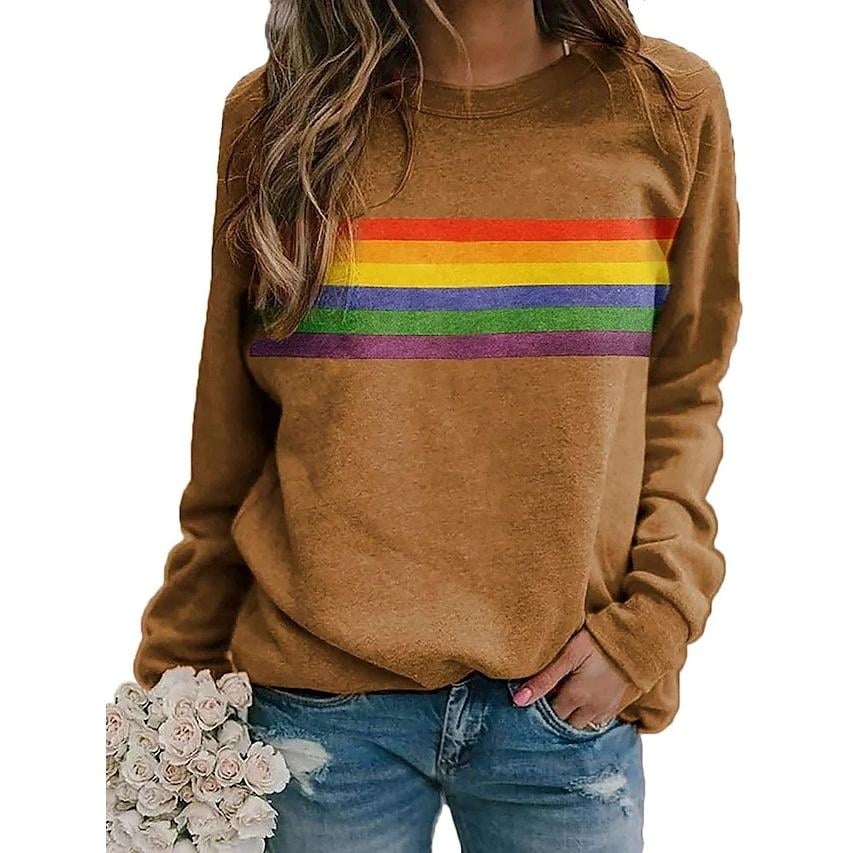 Womens T shirt Rainbow Graphic Long Sleeve Round Neck Tops Image 2