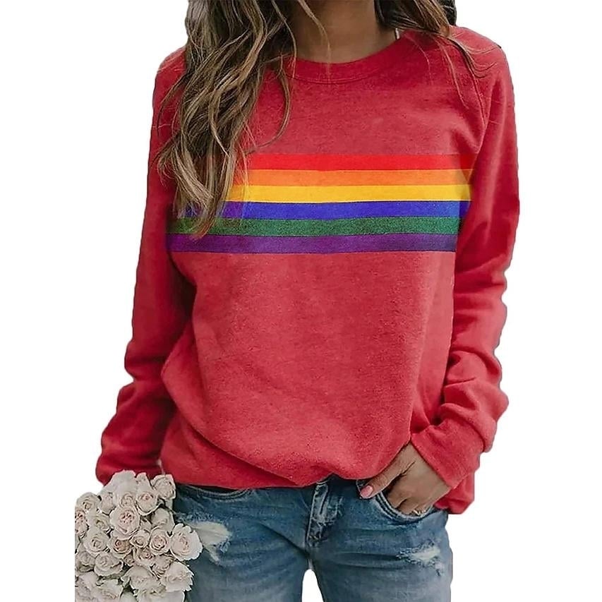 Womens T shirt Rainbow Graphic Long Sleeve Round Neck Tops Image 4