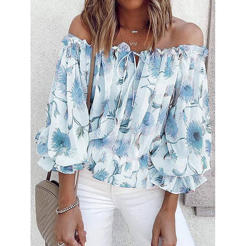 Womens T-Shirt Floral Print Off Shoulder Top Puff Sleeves Image 1