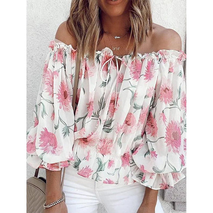 Womens T-Shirt Floral Print Off Shoulder Top Puff Sleeves Image 2