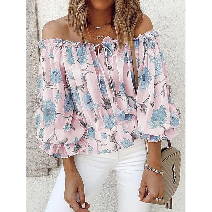 Womens T-Shirt Floral Print Off Shoulder Top Puff Sleeves Image 3