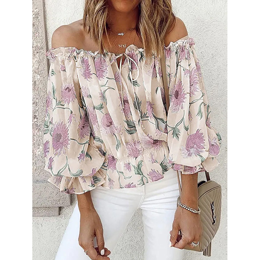 Womens T-Shirt Floral Print Off Shoulder Top Puff Sleeves Image 4