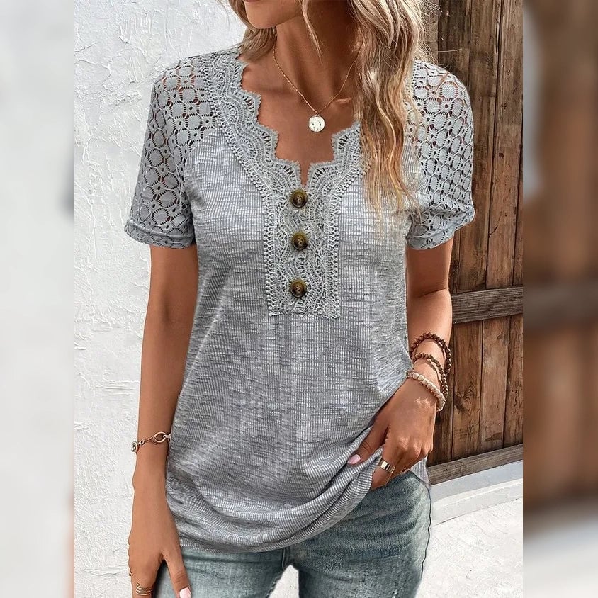 Womens T-Shirt Plain Lace Button Short Sleeve Image 1