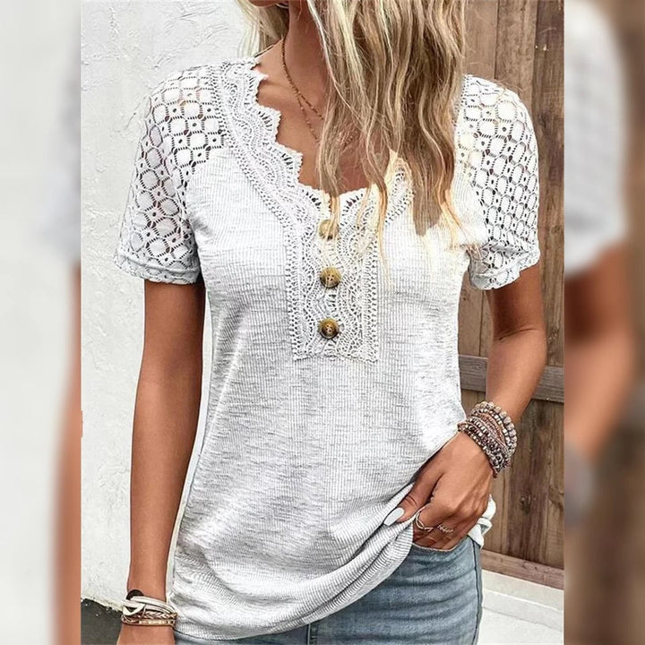 Womens T-Shirt Plain Lace Button Short Sleeve Image 1