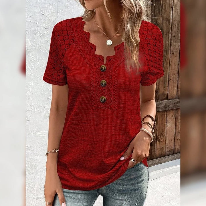 Womens T-Shirt Plain Lace Button Short Sleeve Image 4