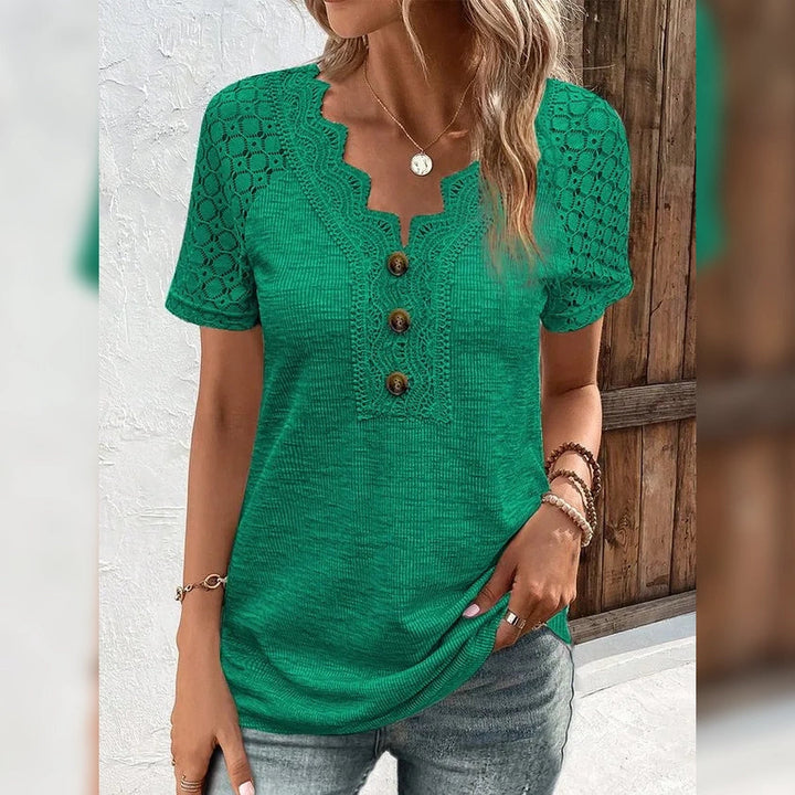 Womens T-Shirt Plain Lace Button Short Sleeve Image 4