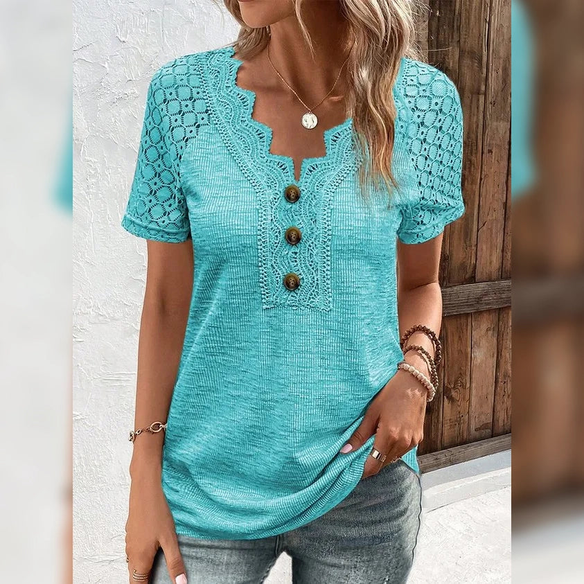 Womens T-Shirt Plain Lace Button Short Sleeve Image 6