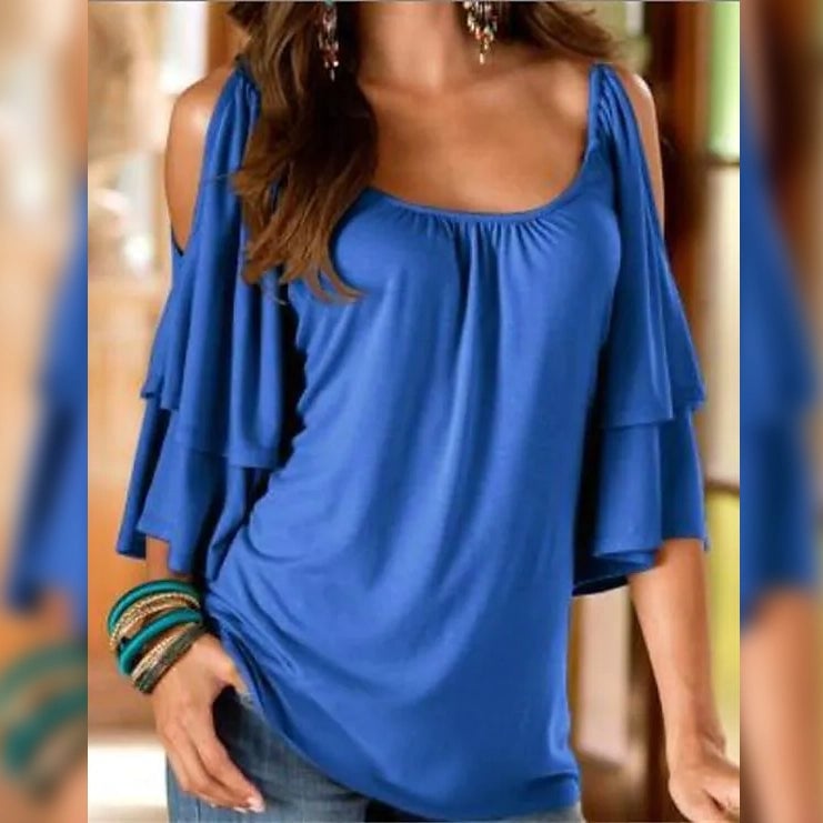 Womens T-Shirt Plain Ruffle Cold Shoulder Short Sleeve Image 4