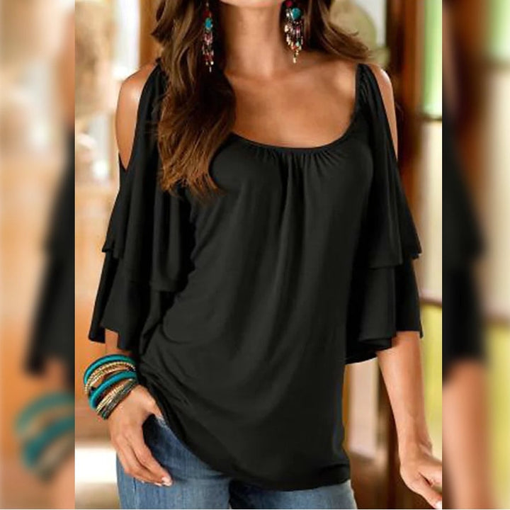 Womens T-Shirt Plain Ruffle Cold Shoulder Short Sleeve Image 7