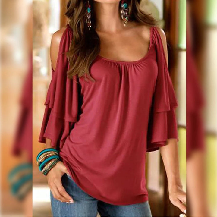 Womens T-Shirt Plain Ruffle Cold Shoulder Short Sleeve Image 9