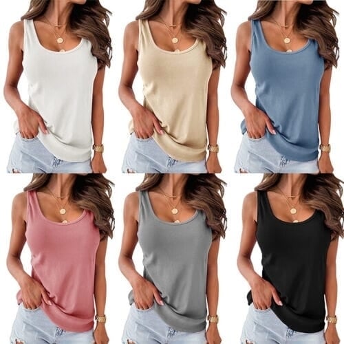 Womens Tank Top Plain Sleeveless Casual Basic U Neck Regular Cotton Image 7