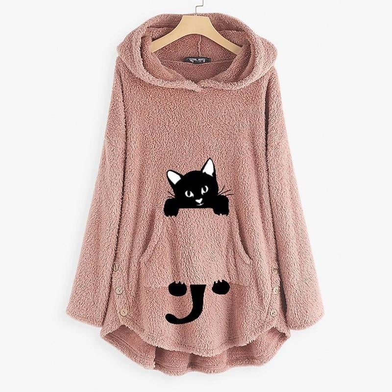 Womens Teddy Coat Cat Animal Front Pocket Hoodies Image 1