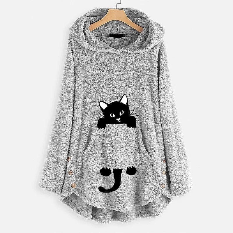 Womens Teddy Coat Cat Animal Front Pocket Hoodies Image 2