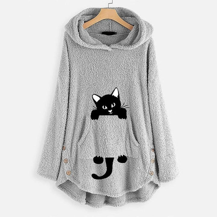 Womens Teddy Coat Cat Animal Front Pocket Hoodies Image 2