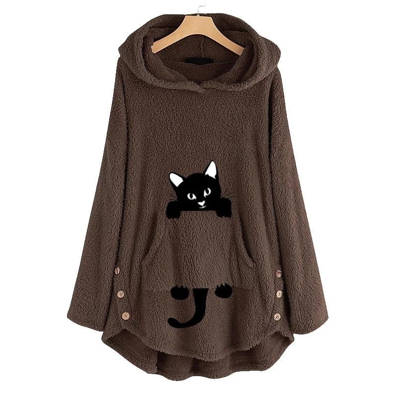 Womens Teddy Coat Cat Animal Front Pocket Hoodies Image 4