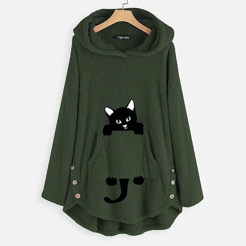 Womens Teddy Coat Cat Animal Front Pocket Hoodies Image 4