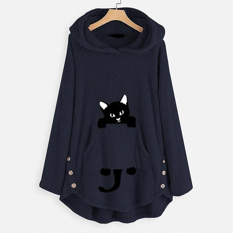 Womens Teddy Coat Cat Animal Front Pocket Hoodies Image 6