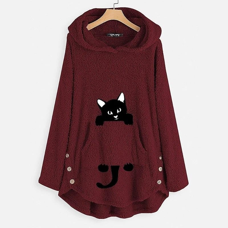 Womens Teddy Coat Cat Animal Front Pocket Hoodies Image 7