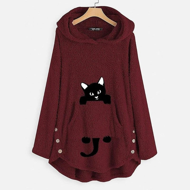 Womens Teddy Coat Cat Animal Front Pocket Hoodies Image 1