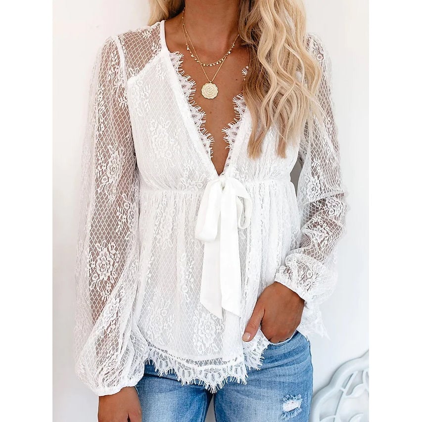 Womens Tunic Blouse Eyelet Top V Neck Tops Image 1