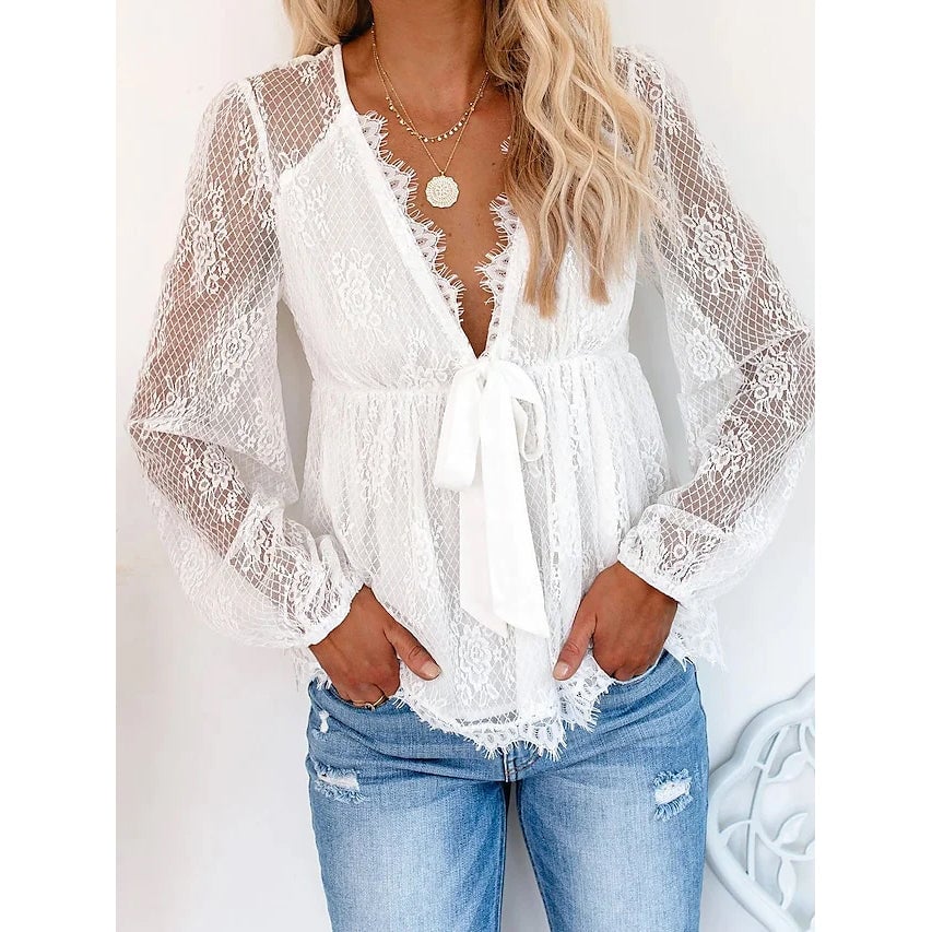 Womens Tunic Blouse Eyelet Top V Neck Tops Image 3