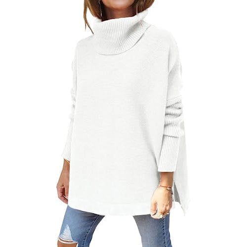 Womens Turtleneck Oversized Sweaters Long Batwing Sleeve Spilt Hem Tunic Image 1