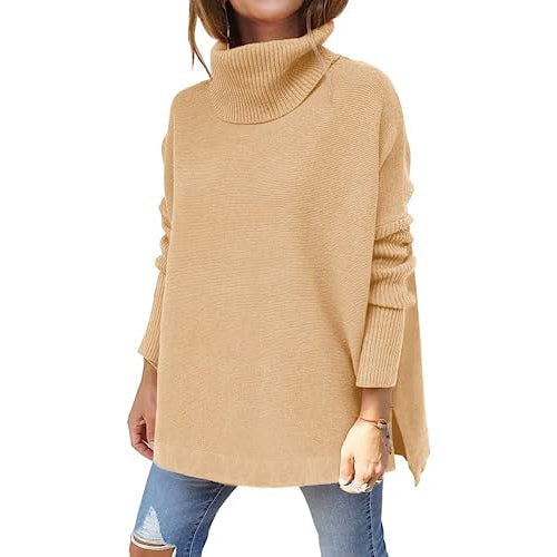 Womens Turtleneck Oversized Sweaters Long Batwing Sleeve Spilt Hem Tunic Image 2