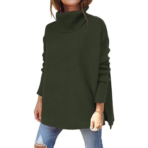 Womens Turtleneck Oversized Sweaters Long Batwing Sleeve Spilt Hem Tunic Image 8