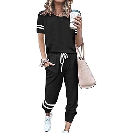 Womens Two Piece Outfits Casual Tracksuits Short Sleeve Sweatsuits with Pockets Image 1