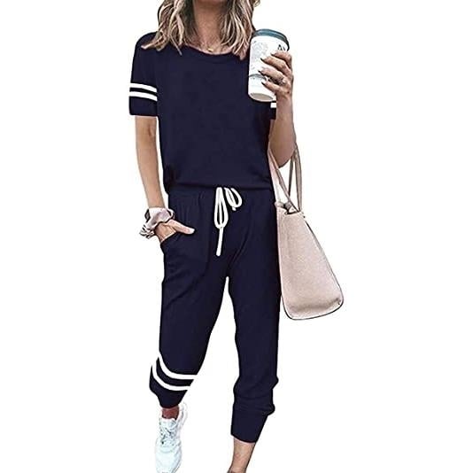 Womens Two Piece Outfits Casual Tracksuits Short Sleeve Sweatsuits with Pockets Image 4