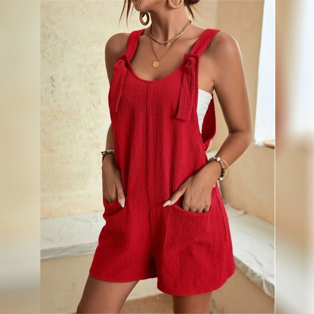 Womens U-Neck Strap Pocket Jumpsuit Solid Color Image 3