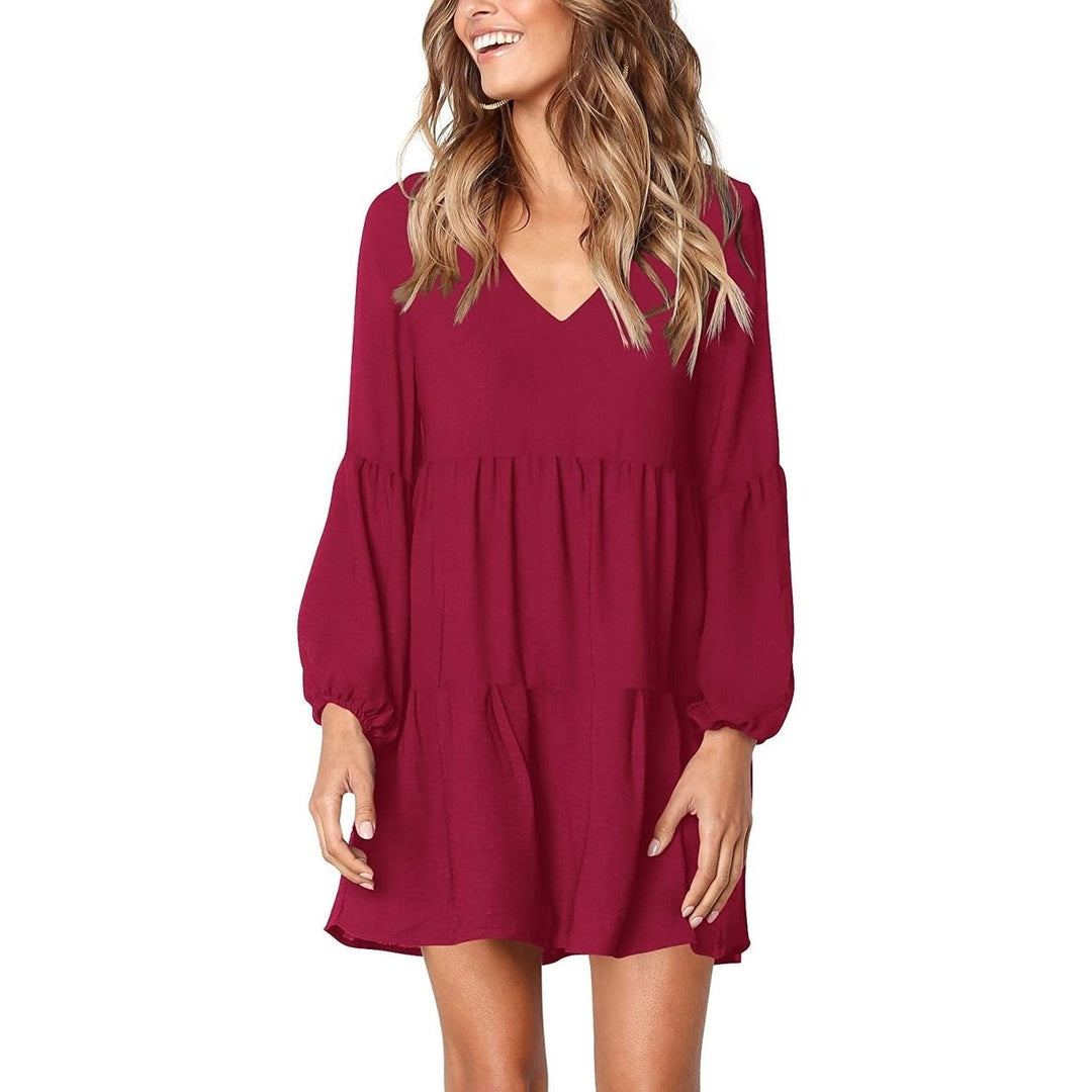 Womens V Neck Casual Loose Dress Image 3