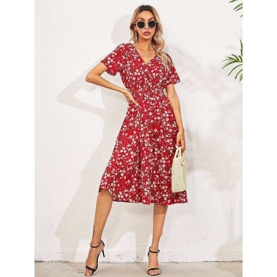 Womens V Neck Casual Boho Loose Midi Dress Image 1