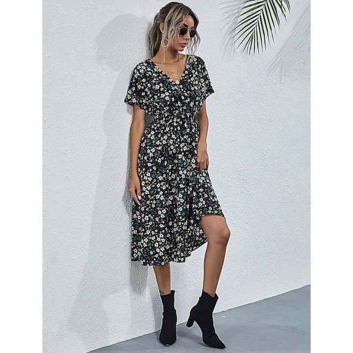 Womens V Neck Casual Boho Loose Midi Dress Image 2