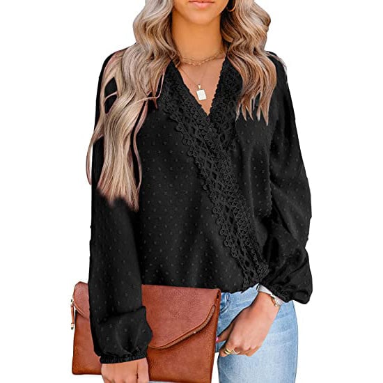 Womens V Neck Chiffon Lace Pom Pom Long Sleeve Top Image 2