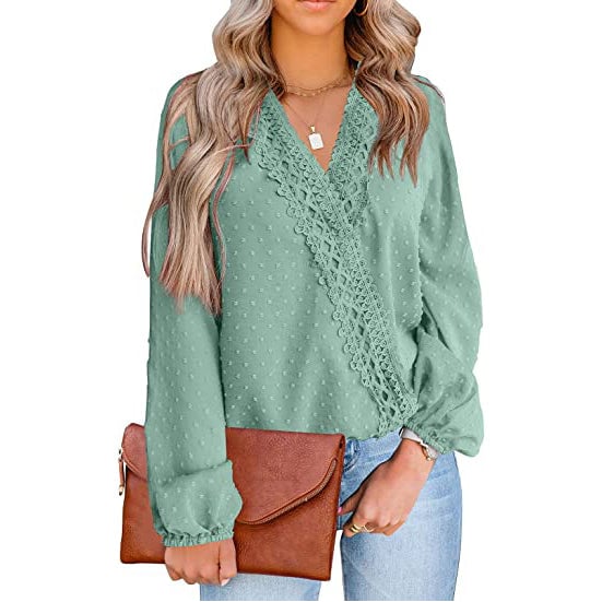 Womens V Neck Chiffon Lace Pom Pom Long Sleeve Top Image 3